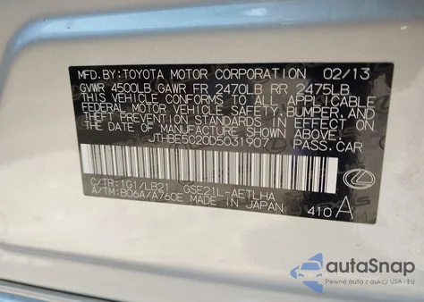 2013 Lexus Is 350 из США, поврежденный, VIN JTHBE5C20D5031907